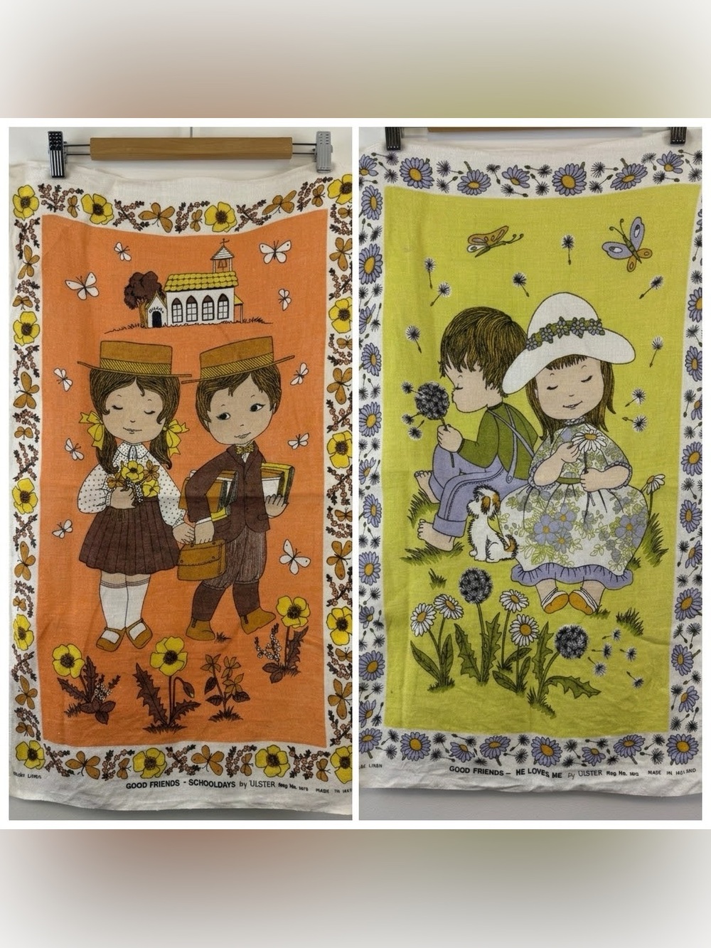 VTG 1970s Ulster Irish Linen Tea Towel Set Good Friends Schooldays